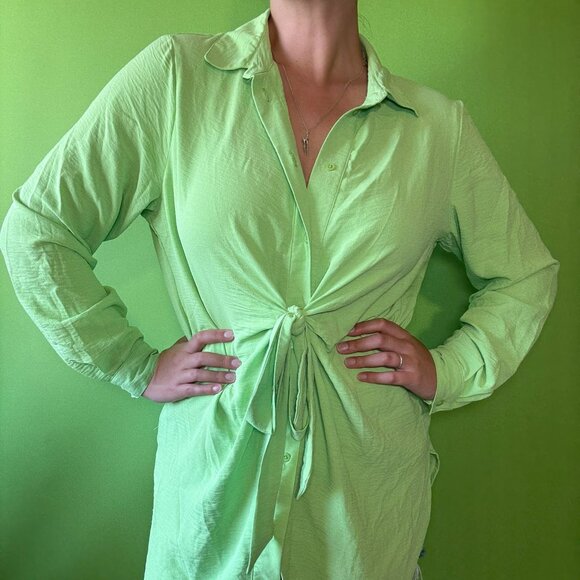 Neon green twist front European tunic shirt - Picture 1 of 6